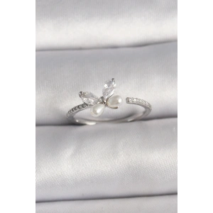 Pirinç Gümüş Renk Zirkon Taşlı Kelebek Model İnci Detaylı Ayarlanabilir Yüzük