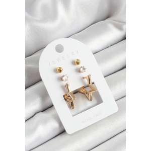 Pirinç Zirkon Taş Ve Yıldız Figürlü Gold Renk 3lü Çift Kadın Küpe Set