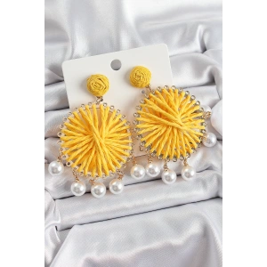 Sarı Hasır Örgü Sarmal Model Sallantılı İnci Detaylı Gold Renk Kadın Küpe