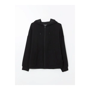 Siyah Kapüşonlu Kadın Fermuarlı Sweatshirt