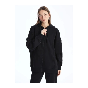 Vision Yeni Siyah Kapüşonlu Oversize Kadın Fermuarlı Sweatshirt