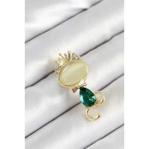 Yeşil Damla Zirkon Taşlı Kraliçe Taçlı Kedi Figürlü Gold Renk Kadın Broş
