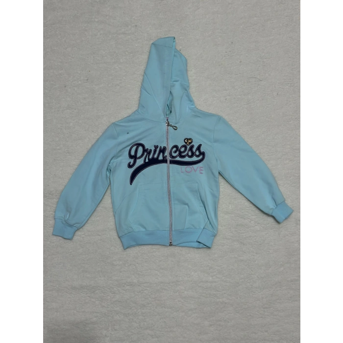 3-4 yaş kız çocuk lacivert yazılı önü fermuarlı  kapşonlu cepli hırka mavi