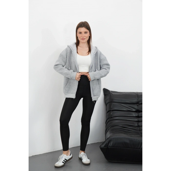 3 iplik şardonlu fermuarlı kapşonlu hırka gri