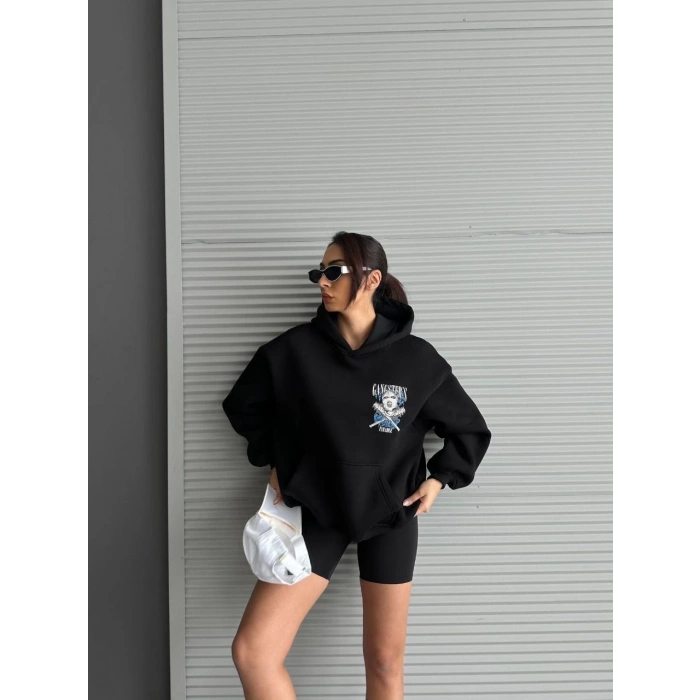 3 iplik şardonlu oversize kafa baskılı sweat siyah