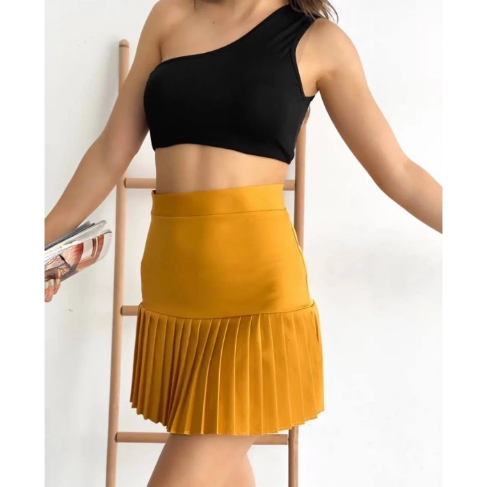 Altı pliseli mini etek hardal s24705