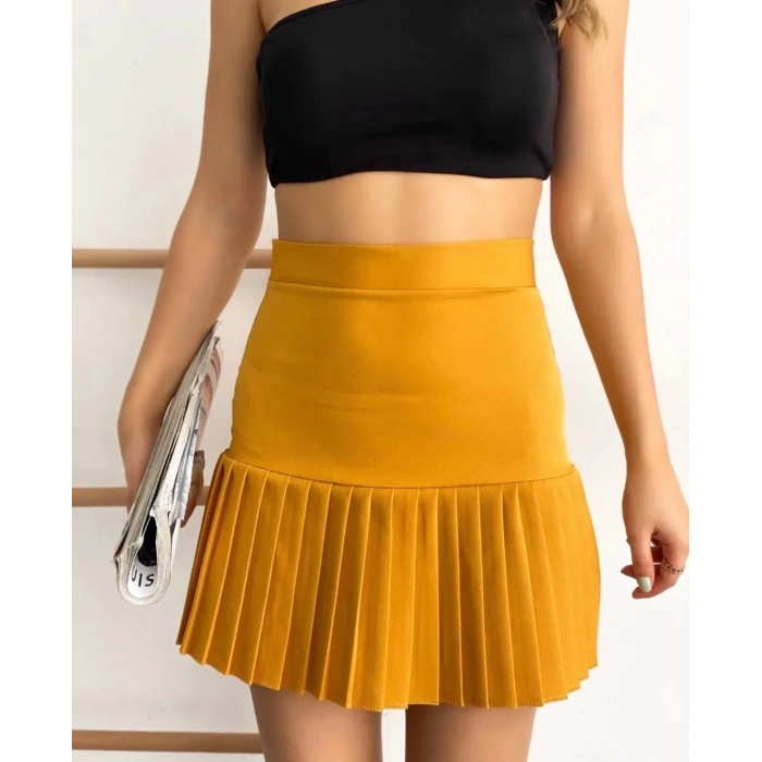Altı pliseli mini etek hardal s24705