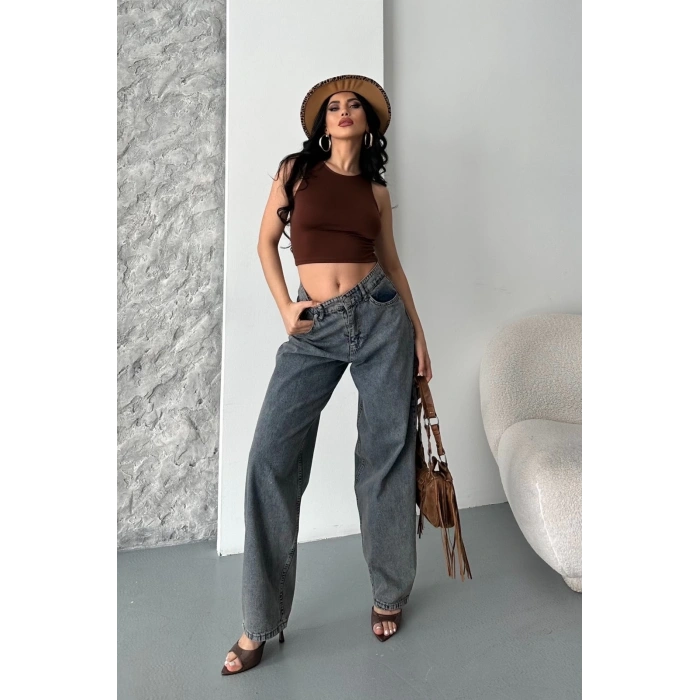 Baggy kar yıkama eskitme kahve jeans pantolon d2007