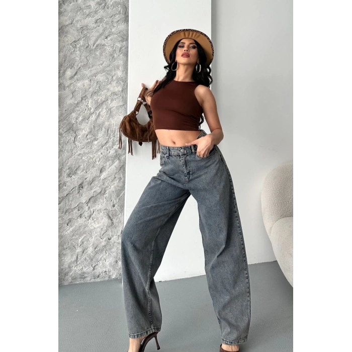 Baggy kar yıkama eskitme kahve jeans pantolon d2007