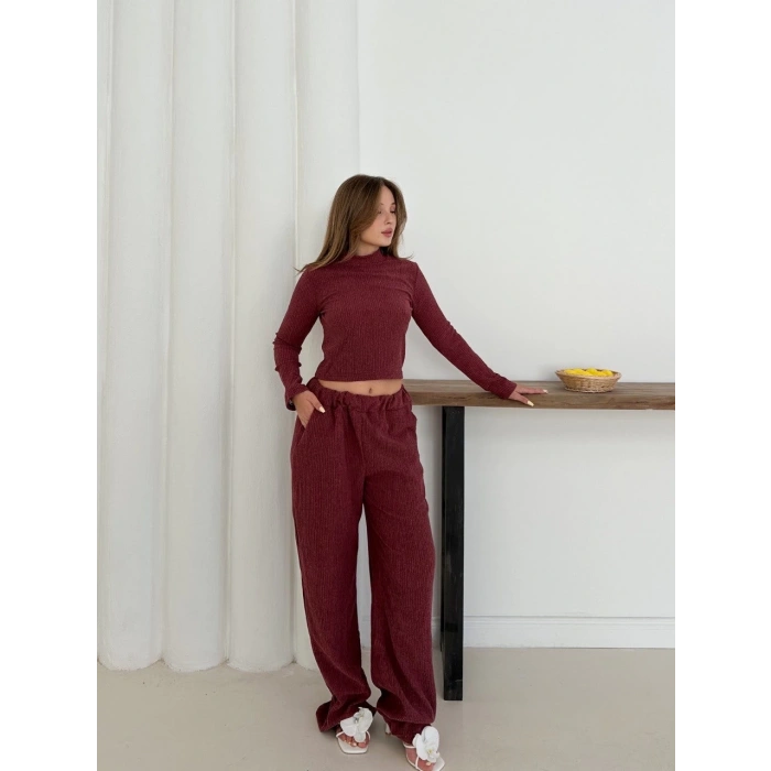 Balıkçı yaka örme takım bordo st265865