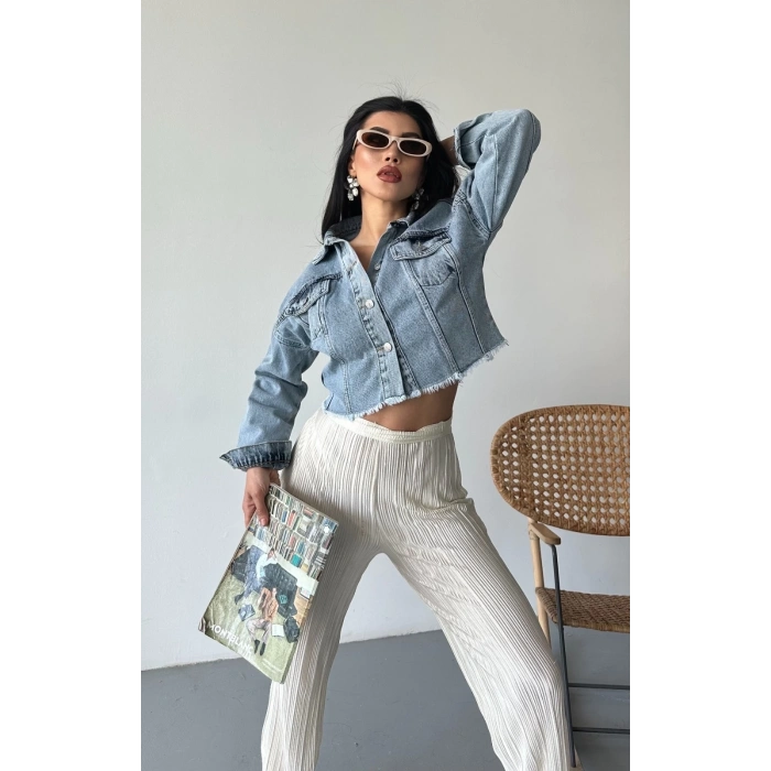 Çift kapaklı püsküllü crop buz mavi d2002