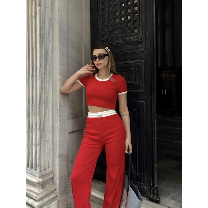 Crop pantolon biyeli takım kırmızı