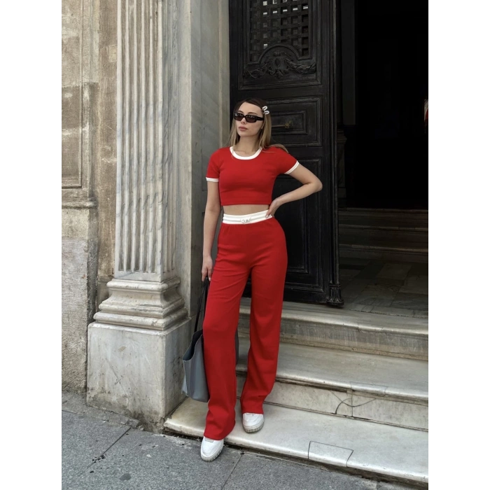Crop pantolon biyeli takım kırmızı