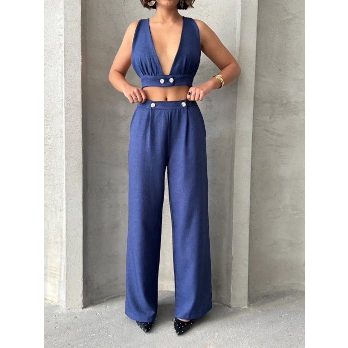 Crop pantolon keten takım s255012