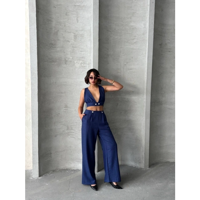Crop pantolon keten takım s255012