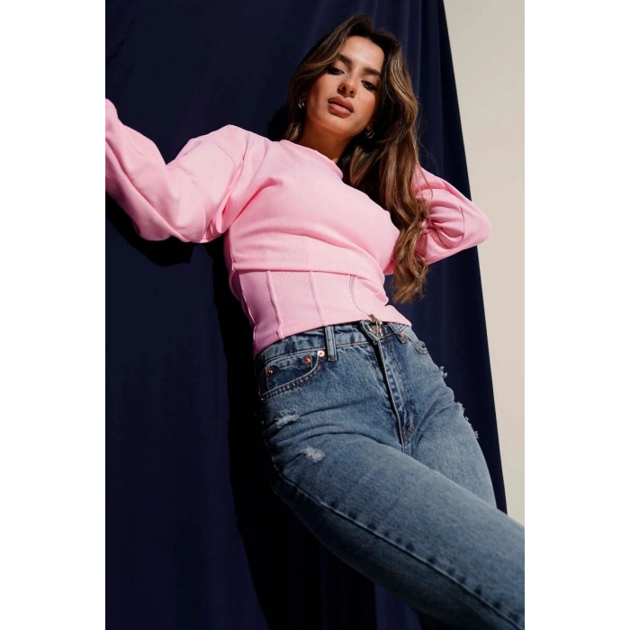 Fitilli Bisiklet Yaka İkili Bluz Pembe T4341