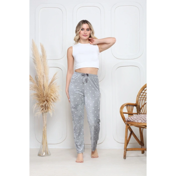 Kadife pijama altı gri üstüne yuvarlak beyazPontiye desenli q7013