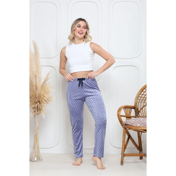 Kadife pijama altı mavi üstüne siyah Pontiye desenli q7013