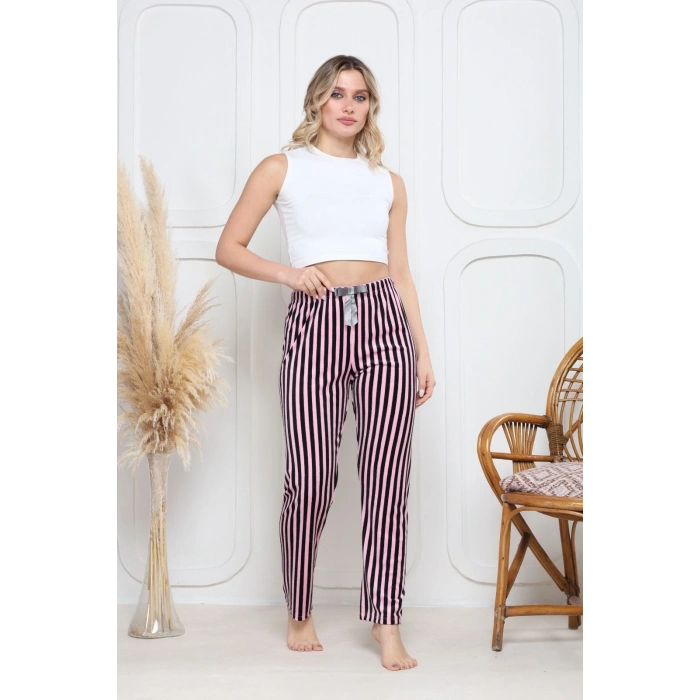 Kadife pijama altı pembe üstüne siyah çizgi desenli q7013