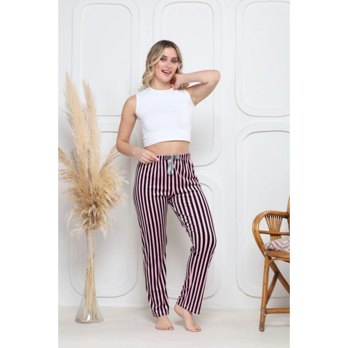 Kadife pijama altı pembe üstüne siyah çizgi desenli q7013