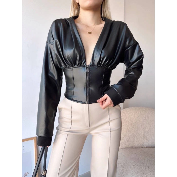 Kapşonlu yarım fermuarlı ceket siyah h24116