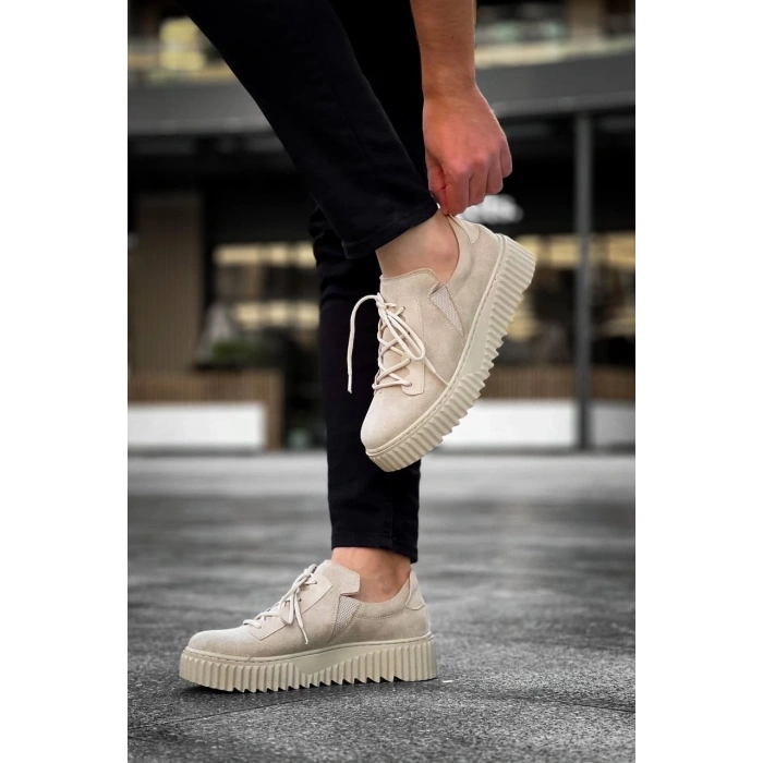 KB-X502  Kuback Bej Süet Yüksek Bej Taban Bağcık Detaylı Lastikli Günlük Erkek Ayakkabı