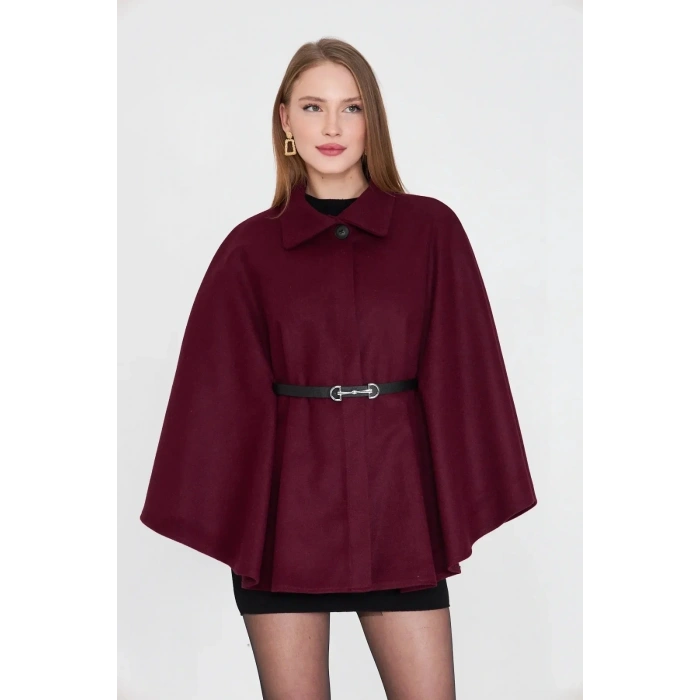 Kemerli kaşe panço bordo pt