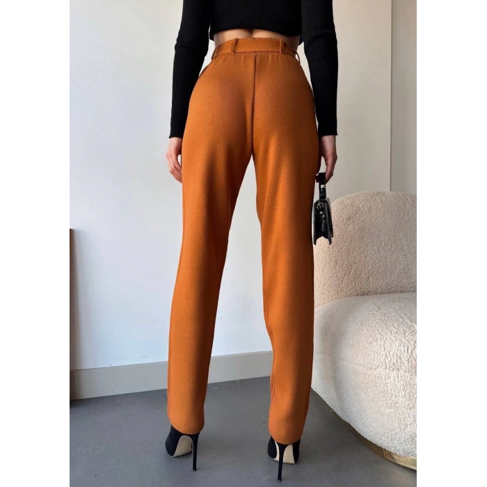 Kendinden kemerli triko pantolon camel