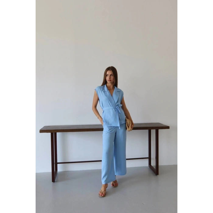 Keten yelek pantolon takım mavi pt