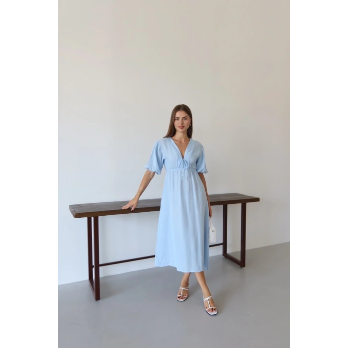Kısa kollu müslin elbise mavi pt
