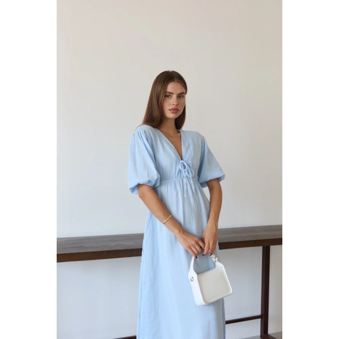 Kısa kollu müslin elbise mavi pt
