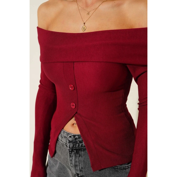 Madonna Yaka Düğmeli Bluz bordo t4329