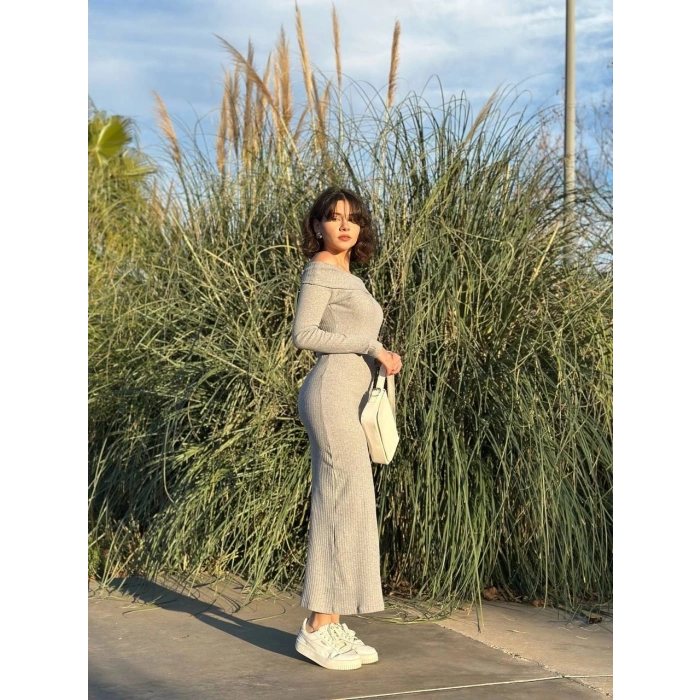 Madonna yaka uzun elbise şardonlu kumaş gri w3753