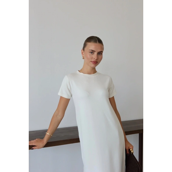 Modal yırtmaçlı elbise beyaz pt