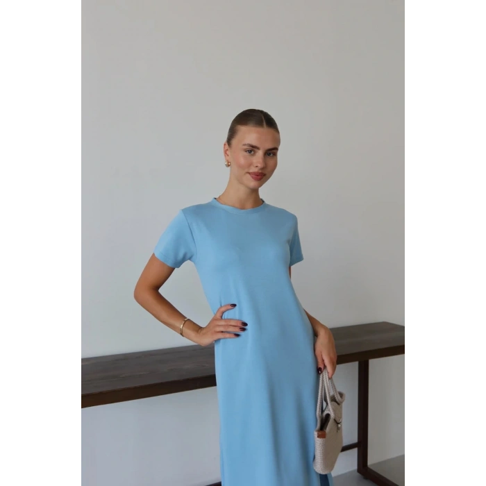 Modal yırtmaçlı elbise mavi pt