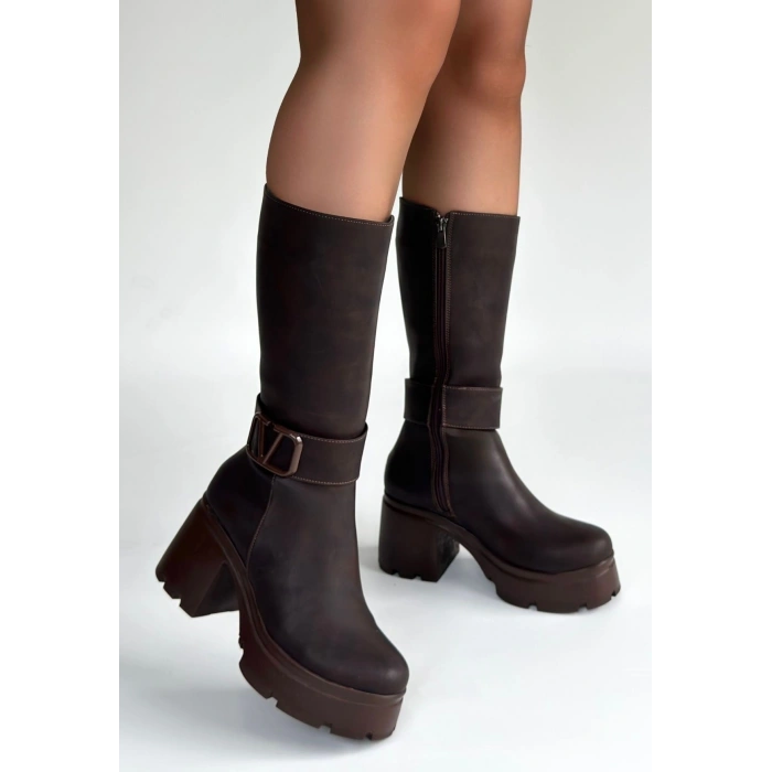 Moki Kahverengi Nubuk Topuklu Çizme