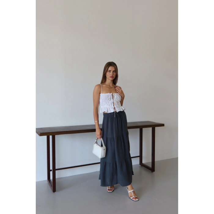 Müslin kumaş keten uzun etek antrasit pt