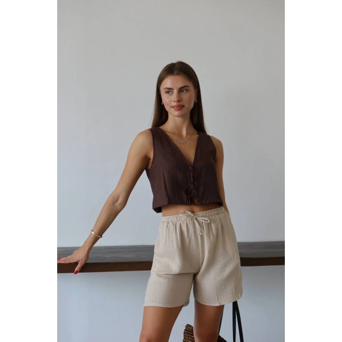 Müslin kumaş şort bağcıklı bej pt