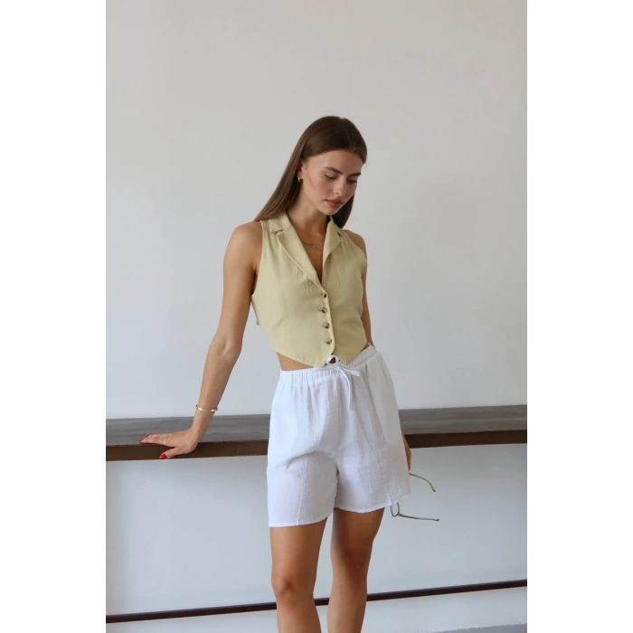 Müslin kumaş şort bağcıklı beyaz pt
