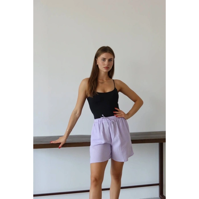 Müslin kumaş şort bağcıklı lila pt