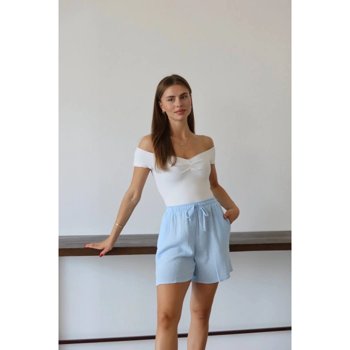 Müslin kumaş şort bağcıklı mavi pt