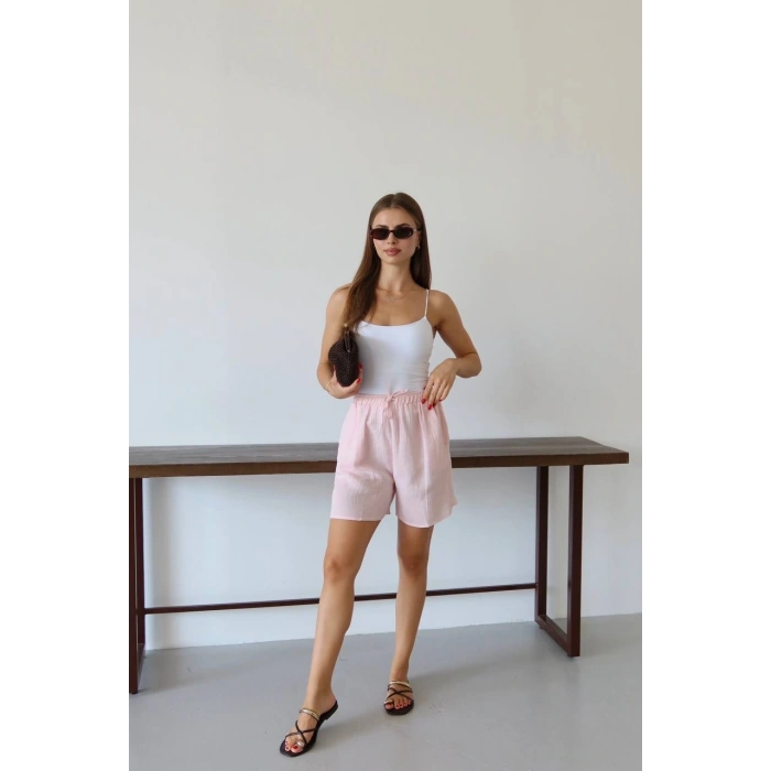 Müslin kumaş şort bağcıklı pembe pt