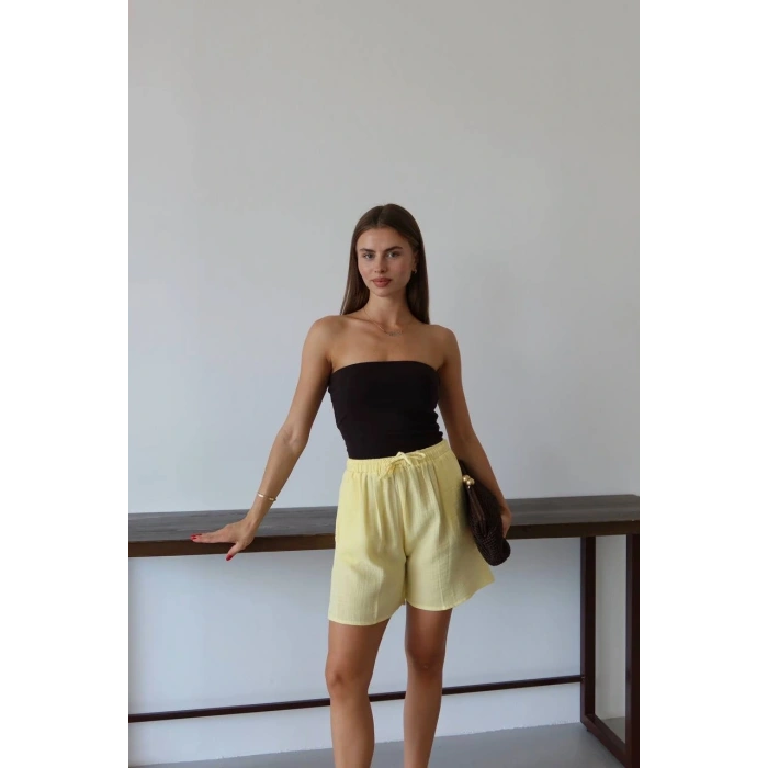 Müslin kumaş şort bağcıklı sarı pt