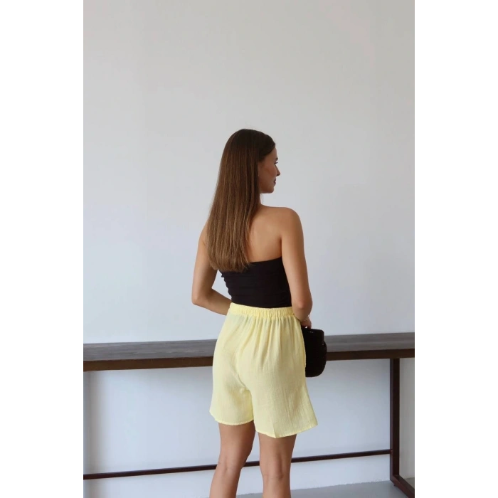 Müslin kumaş şort bağcıklı sarı pt