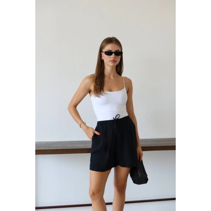 Müslin kumaş şort bağcıklı siyah pt