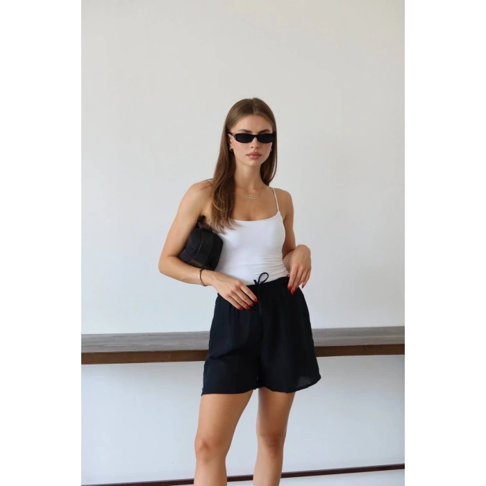 Müslin kumaş şort bağcıklı siyah pt