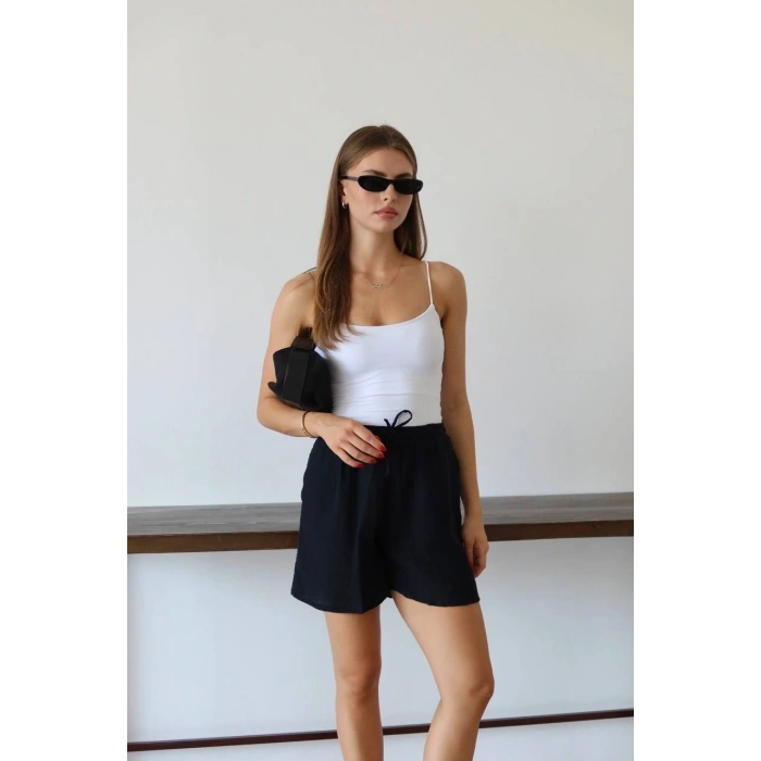 Müslin kumaş şort bağcıklı siyah pt