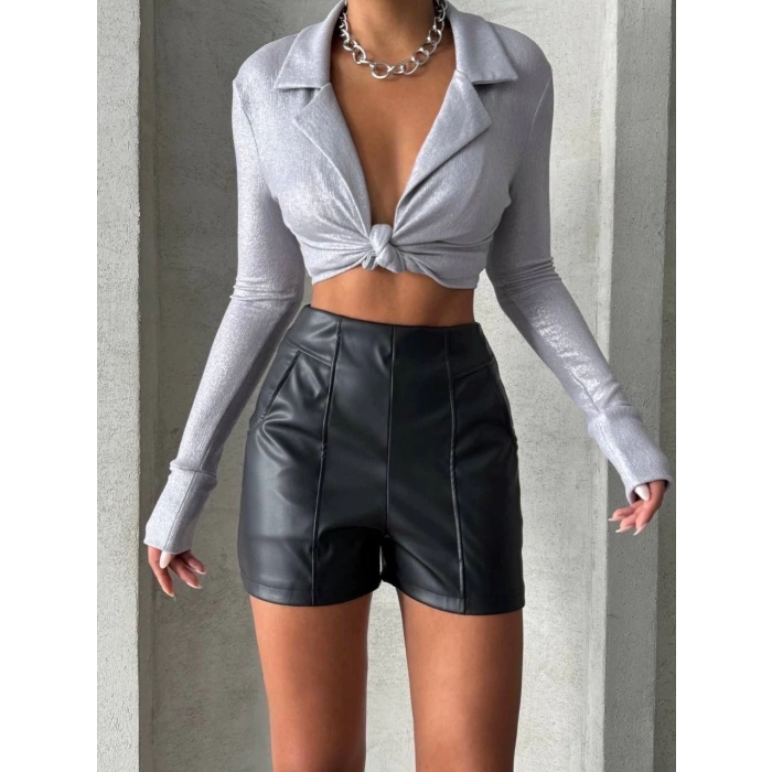 Parçalı cepli deri şort siyah w26312