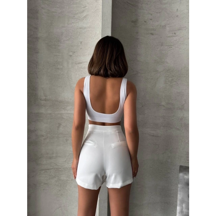 Piliseli düğmeli şort etek beyaz s25813
