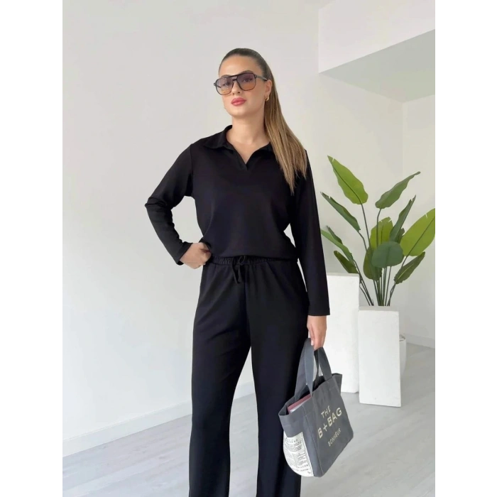 Polo yaka alt üst kollu modal takım siyah pt